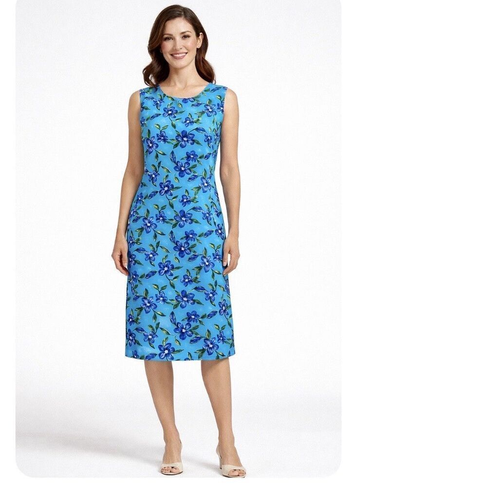 Pendleton 100% Silk Floral Sheath Dress Size 16 Blue Knee Length Sleeveless